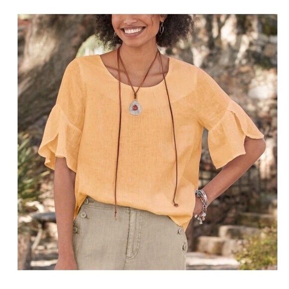 Sundance Tops - Sundance Willa Whisper Linen Flutter Sleeve Top Large Peach Pastel Lagenlook
